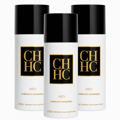 Three cans of Carolina Herrera CH for Men Deodorant Spray 150ml, each with a black cap and white body featuring a black and gold label.