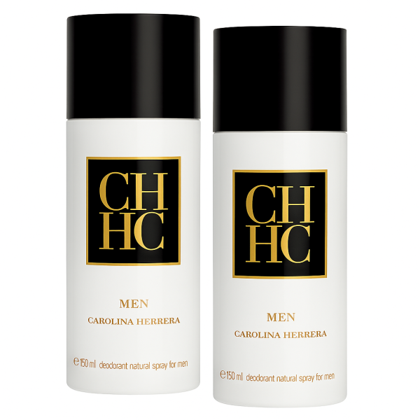 Set of 2 Carolina Herrera CH for Men Deodorant Sprays (150ml each), featuring white bottles, black caps, and the CH HC logo on the front.