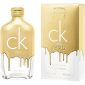 A 100ml bottle and box of Calvin Klein CK One Gold EDT for Men and Women, both with gold drip design and white branding.