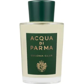 A clear bottle of Acqua di Parma Colonia C.L.U.B. EDC 50ml Spray for Men with a dark green label and matching cap.