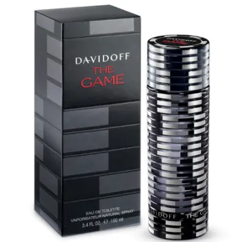A 100ml Davidoff The Game Eau de Toilette Spray for Men, featuring a poker chip-inspired cylindrical bottle and a matching rectangular box.