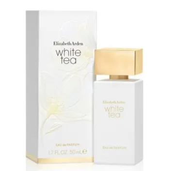 A 50ml bottle of Elizabeth Arden White Tea Eau de Parfum for Women is displayed beside its matching white and gold box.