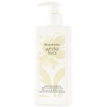 Three white bottles of Elizabeth Arden White Tea Shower Gel 390ml, each with a pump dispenser and light beige floral design.