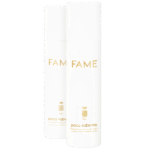 Two white cylindrical bottles of Paco Rabanne Fame Deodorant Spray 150ml for women, featuring gold text and logo, are displayed against a plain light background.