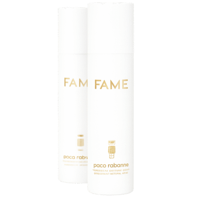Two white cylindrical bottles of Paco Rabanne Fame Deodorant Spray 150ml for women, featuring gold text and logo, are displayed against a plain light background.