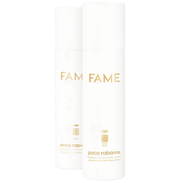 Two white cylindrical bottles of Paco Rabanne Fame Deodorant Spray 150ml for women, featuring gold text and logo, are displayed against a plain light background.