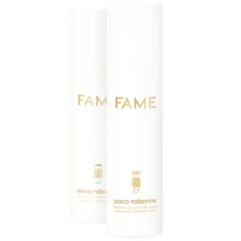 Two white cylindrical bottles of Paco Rabanne Fame Deodorant Spray 150ml for women, featuring gold text and logo, are displayed against a plain light background.