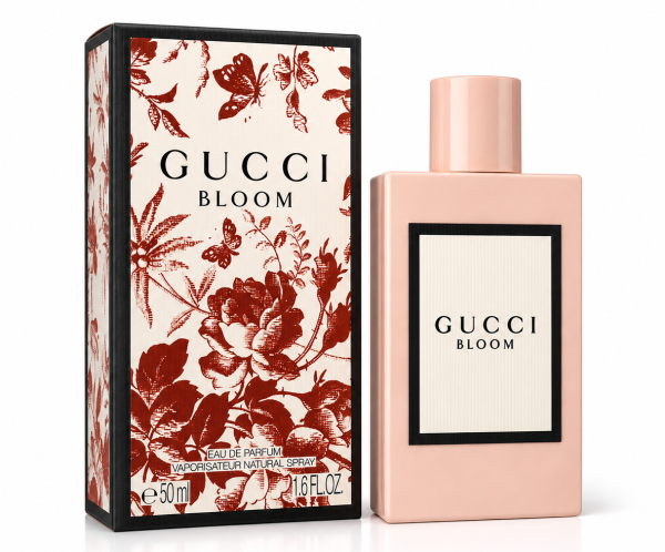 A 50ml bottle of Gucci Bloom Intense Eau de Parfum for Her stands beside its matching floral-patterned box, both labeled "Gucci Bloom" in black text on white backgrounds.