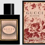 A bottle of Gucci Bloom Intense Eau de Parfum 50ml Spray for Her is displayed beside its floral-patterned box, both featuring the product name and size.