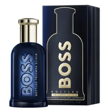 A dark blue bottle of Hugo Boss Bottled Triumph Elixir EDP Spray for Men, 50ml, stands beside its matching box, both adorned with bold gold lettering.