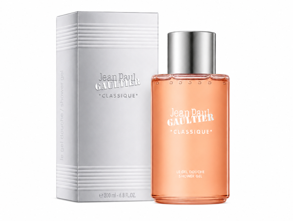 A 200ml bottle of Jean Paul Gaultier Classique Bath & Shower Gel is displayed next to its silver box packaging on a white background.