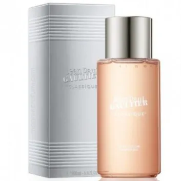 Two bottles of Jean Paul Gaultier Classique Bath & Shower Gel, 200ml each, are placed in front of their matching silver and white box packaging.