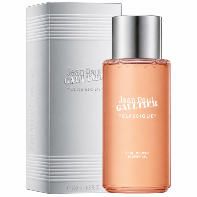 A 200ml bottle of Jean Paul Gaultier Classique Bath & Shower Gel is displayed alongside its sleek silver box, both adorned with the brand name and product details in metallic lettering.