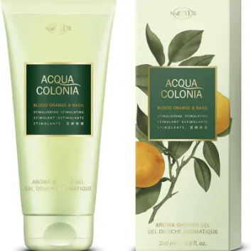 A set of 3 Mäurer & Wirtz 4711 Acqua Colonia Blood Orange & Basil Shower Gels, each 200ml, with packaging showing oranges and green leaves.