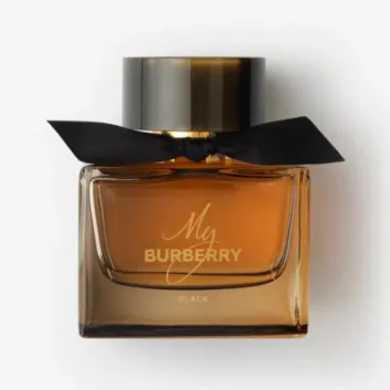 Burberry My Burberry Black EDP Spray, 90ml for Women, comes in a square glass bottle with amber liquid, a black cap, and a black ribbon tied around the neck.