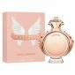 A bottle of Paco Rabanne Olympea 50ml EDP for Women is displayed beside its pink box with white wings and gold text. The perfume bottle is round and features a rose gold finish.