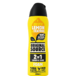A yellow bottle of Original Source Zesty Lemon & Tea Tree Shower Foam, 200ml, featuring 100% natural fragrance and vegan certification.