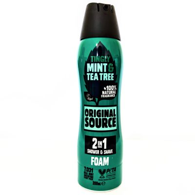 A pack of 3 Original Source Tingly Mint & Tea Tree Shower Foams, each in a 200ml bottle with product details on the front.