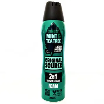 A pack of 3 Original Source Tingly Mint & Tea Tree Shower Foams, each in a 200ml bottle with product details on the front.