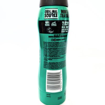 A pack of 3 Original Source Tingly Mint & Tea Tree Shower Foam bottles (200ml each) with green packaging, back label displaying product details, ingredients, and a barcode.