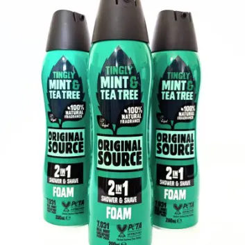 Three bottles of 3x Original Source Tingly Mint & Tea Tree Shower Foam, 200ml each, stand upright against a white background.