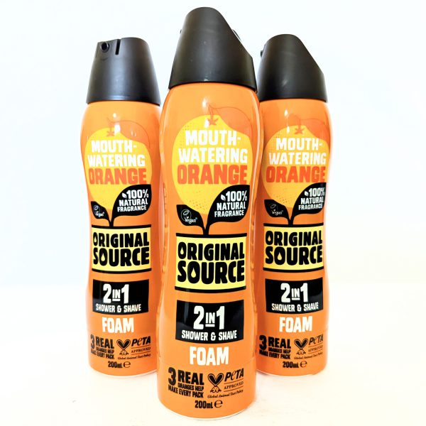 Three bottles of Original Source Tingly Mint & Tea Tree Shower Foam, 200ml each, displayed upright against a white background.