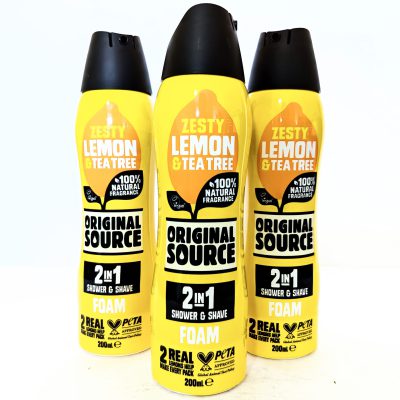 Three bottles of Original Source Tingly Mint & Tea Tree Shower Foam, 200ml each, are arranged against a white background.