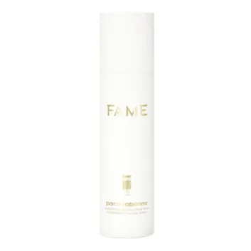 Two white cylindrical spray bottles labeled "Fame" by Paco Rabanne, each 150ml, designed for women with gold text and a minimalistic look.