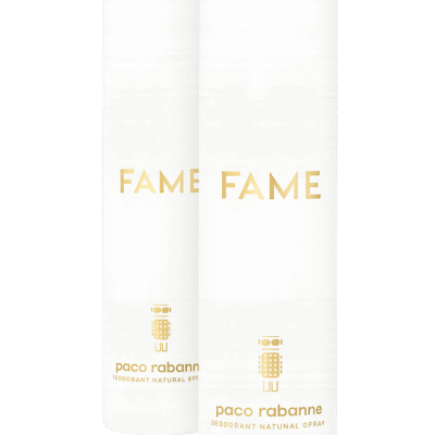 Two white cylindrical bottles of 2x Paco Rabanne Fame Deodorant Spray 150ml for Women with gold text and logo, displayed on a plain white background.