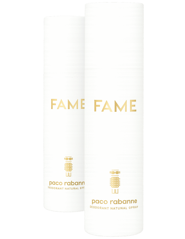 Two white cylindrical bottles of 2x Paco Rabanne Fame Deodorant Spray 150ml for Women with gold text and logo, displayed on a plain white background.