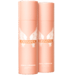 Two peach-colored 150ml Paco Rabanne Olympea Deodorant Sprays for women, featuring a white winged logo and text, are shown standing side by side.