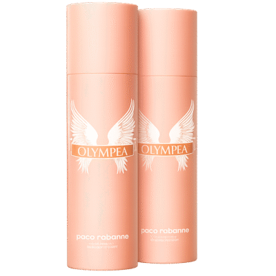 Two peach-colored 150ml Paco Rabanne Olympea Deodorant Sprays for women, featuring a white winged logo and text, are shown standing side by side.