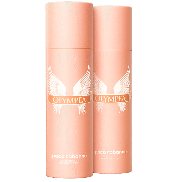 Two peach-colored 150ml Paco Rabanne Olympea Deodorant Sprays for women, featuring a white winged logo and text, are shown standing side by side.