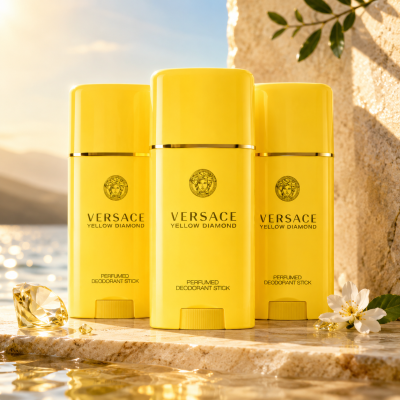Three 50ml Versace Yellow Diamond Deodorant Sticks for Women are displayed outdoors on a stone surface with a diamond, flowers, and water in the background.