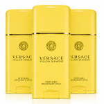 Three Versace Yellow Diamond Deodorant Sticks for Women, 50ml each, are arranged side by side on a white background.