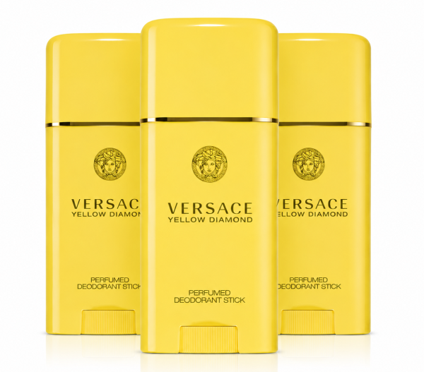 Three Versace Yellow Diamond Deodorant Sticks for Women, 50ml each, are arranged side by side on a white background. Three Versace Yellow Diamond Deodorant Sticks for Women, 50ml each, are arranged side by side on a white background.
