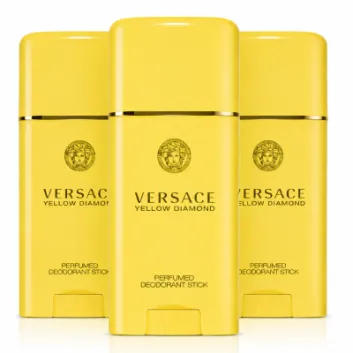 Three Versace Yellow Diamond Deodorant Sticks for Women, 50ml each, are arranged side by side on a white background.