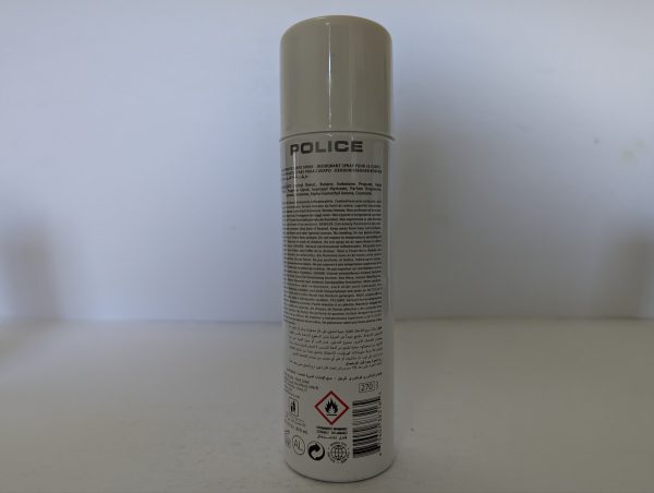A 200ml Police Contemporary Deodorant Spray for Men is shown upright; the white can displays text and warning symbols on the back.