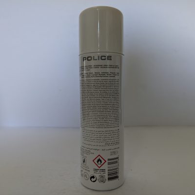 A 200ml Police Contemporary Deodorant Spray for Men is shown upright; the white can displays text and warning symbols on the back.
