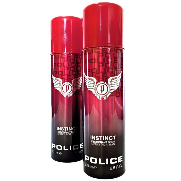 Set of two 200ml Police Instinct Deodorant Sprays for Men, featuring red and black cans with brand logo and text on the front.