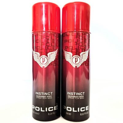 Two red 200ml Police Instinct Deodorant Sprays for men, each with a winged logo, are standing side by side.