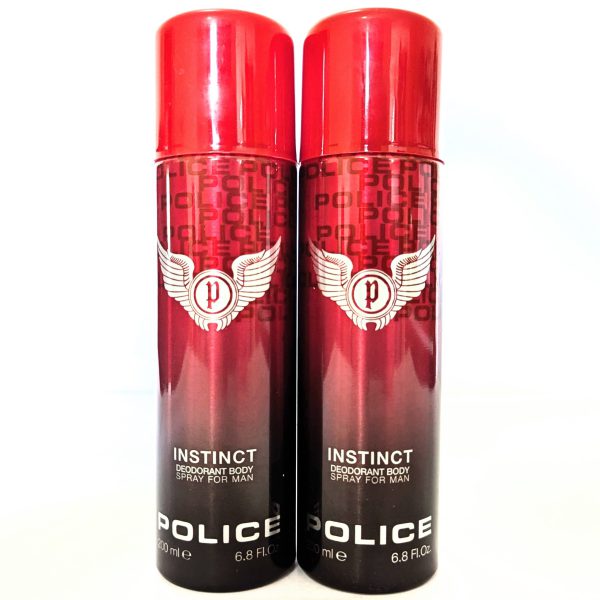 Two red 200ml Police Instinct Deodorant Sprays for men, each with a winged logo, are standing side by side.