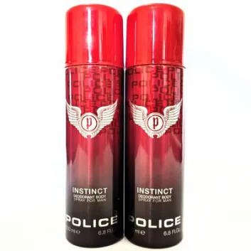 Two red 200ml Police Instinct Deodorant Sprays for men, each with a winged logo, are standing side by side.