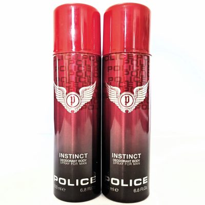 Two cans of Police Instinct Deodorant Spray for Men, 200ml each, are placed side by side against a white background.