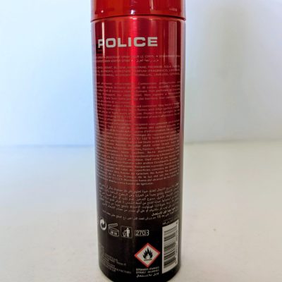A red and black 200ml aerosol can labeled "Police Instinct Deodorant Spray for Men" features hazard symbols and product details on the back.