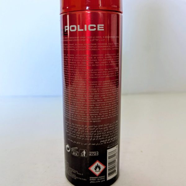 A red and black 200ml aerosol can labeled "Police Instinct Deodorant Spray for Men" features hazard symbols and product details on the back.