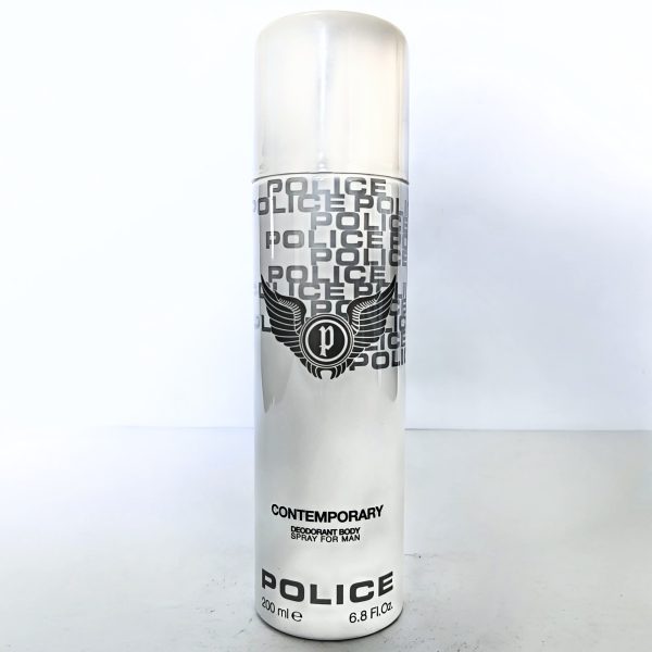A 200ml can of Police Contemporary Deodorant Spray for Men, featuring a silver and white design with the logo, is shown standing upright on a plain surface.