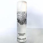 A 200ml can of Police Contemporary Deodorant Spray for Men, featuring a silver and white design with the logo, is shown standing upright on a plain surface.