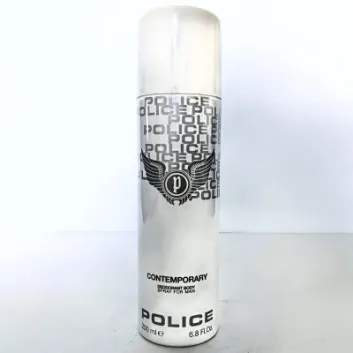 A 200ml can of Police Contemporary Deodorant Spray for Men, featuring a silver and white design with the logo, is shown standing upright on a plain surface.