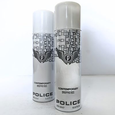 Two cans of 2x Police Contemporary Deodorant Spray for Men, 200ml each, are placed side by side on a white surface.